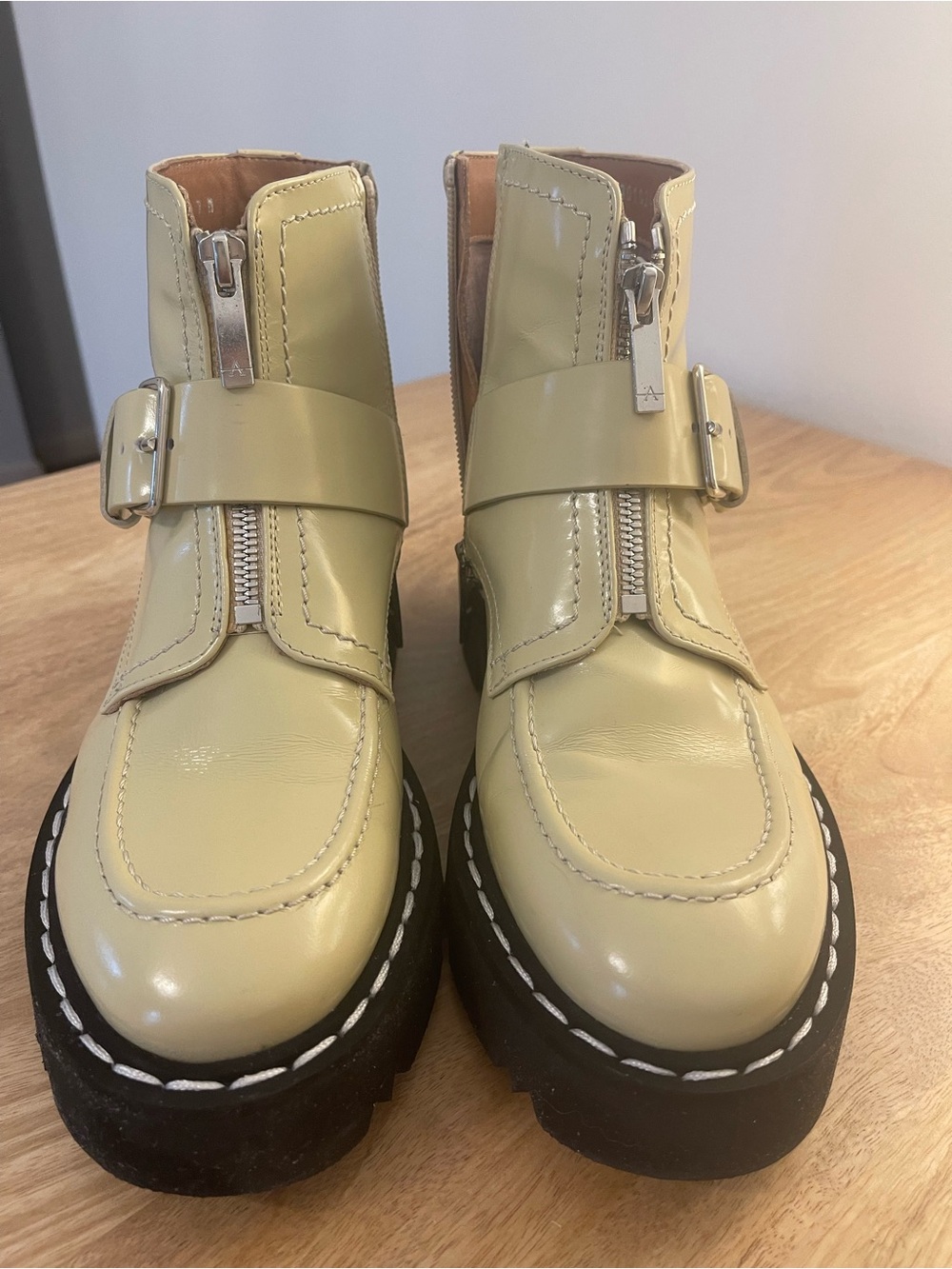 Aquatalia Pale Yellow Patent Platform Ankle Boots with Buckle and Front Zipper